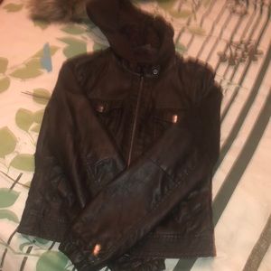 Chocolate brown faux leather moto jacket